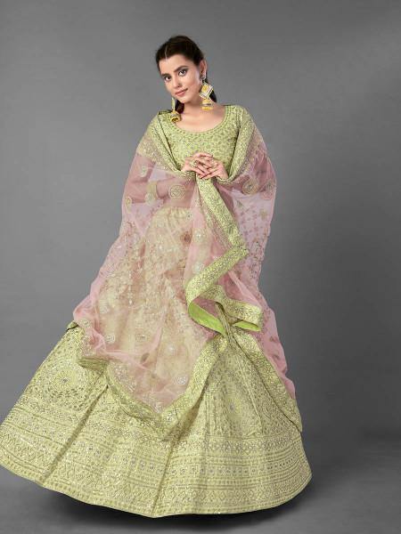 Myra Pista Heavy Embroidered Art Silk Bridal Lehenga | Grab2Buy