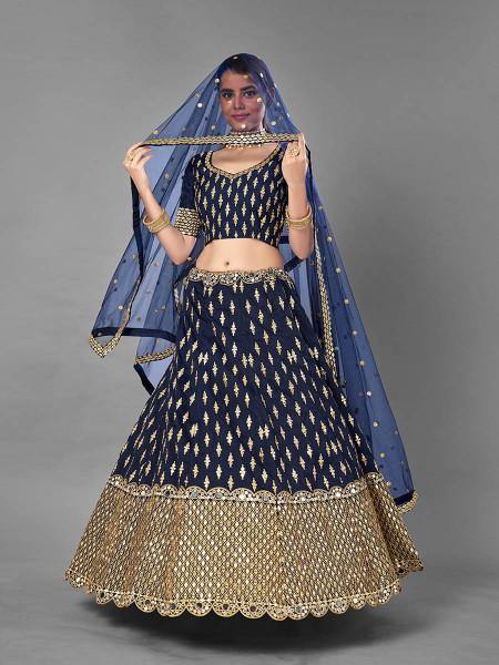 Myra Navy Blue Heavy Embroidered Art Silk Bridal Lehenga | Grab2Buy