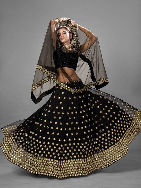 Myra Black Heavy Embroidered Georgette Bridal Lehenga | Grab2Buy