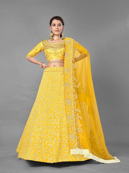 Myra Yellow Heavy Embroidered Art Silk Bridal Lehenga | Grab2Buy