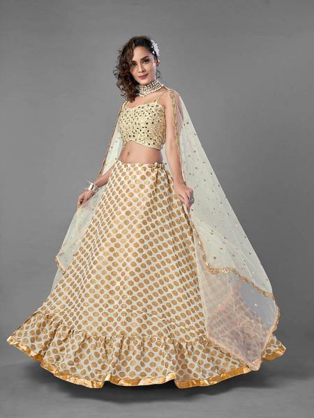 Myra White Heavy Embroidered Viscose Silk Bridal Lehenga | Grab2Buy