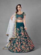 Myra Rama Green Heavy Embroidered Satin Velvet Bridal Lehenga | Grab2Buy