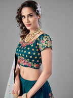 Myra Rama Green Heavy Embroidered Satin Velvet Bridal Lehenga | Grab2Buy