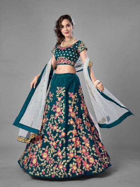 Myra Rama Green Heavy Embroidered Satin Velvet Bridal Lehenga | Grab2Buy