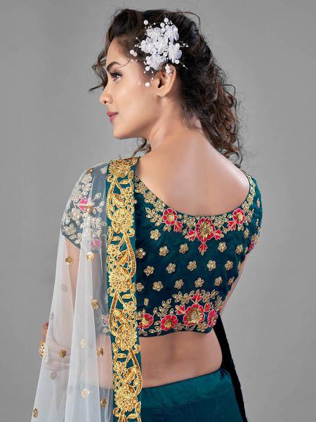 Myra Rama Green Heavy Embroidered Satin Velvet Bridal Lehenga | Grab2Buy