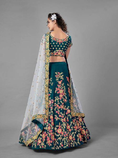 Myra Rama Green Heavy Embroidered Satin Velvet Bridal Lehenga | Grab2Buy