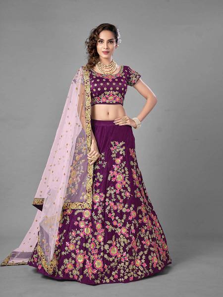 Myra Purple Heavy Embroidered Satin Velvet Bridal Lehenga | Grab2Buy