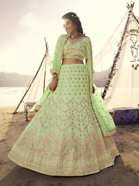 Myra Parrot Embroidered Organza Bridal Lehenga | Grab2Buy