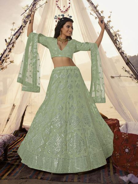 Myra Pista Embroidered Organza Bridal Lehenga | Grab2Buy
