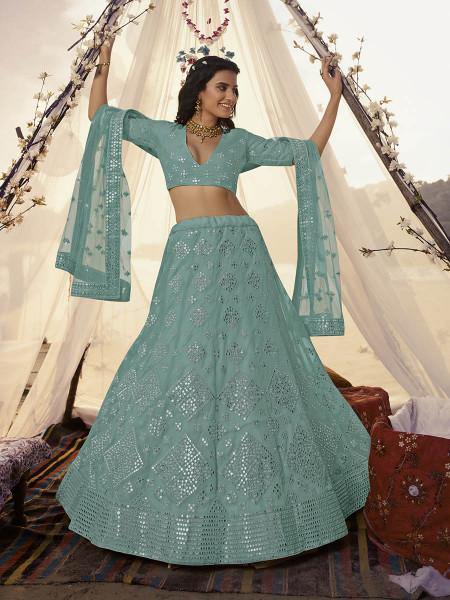 Myra Sea Green Embroidered Organza Bridal Lehenga | Grab2Buy