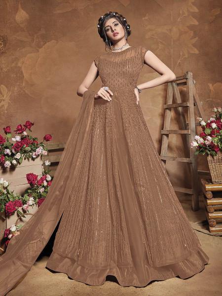 Myra Beige Heavy Embroidered Gown Suit | Grab2Buy