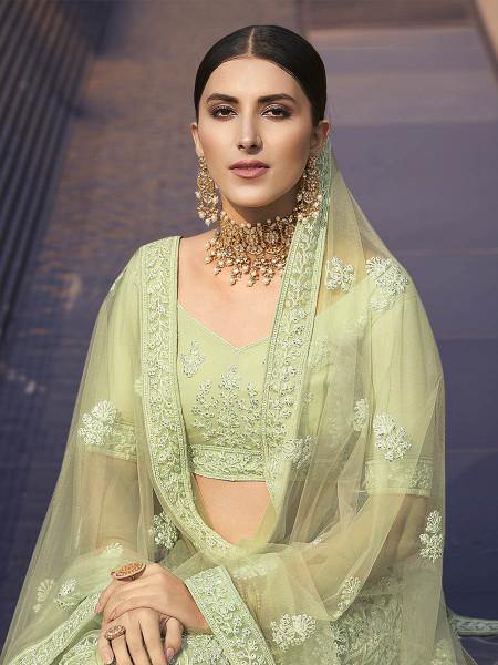 Myra Beautiful Green Heavy Embroidered Soft Net Bridal Lehenga | Grab2Buy