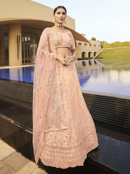 Myra Peach Heavy Embroidered Soft Net Bridal Lehenga | Grab2Buy