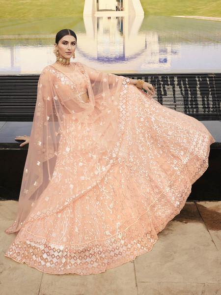 Myra Peach Heavy Embroidered Soft Net Bridal Lehenga | Grab2Buy