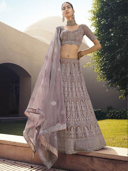 Myra Mauve Heavy Embroidered Soft Net Bridal Lehenga | Grab2Buy