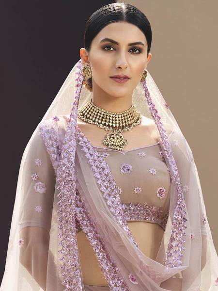 Myra Lilac Heavy Embroidered Soft Net Bridal Lehenga | Grab2Buy