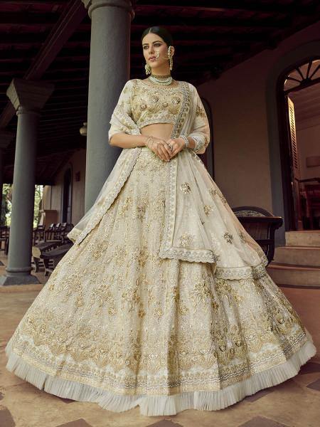 Myra Beautiful Off White Heavy Embroidered Georgette Traditional Bridal Lehenga | Grab2Buy