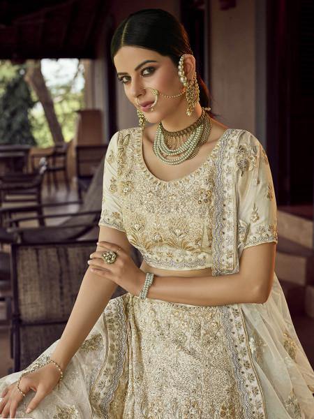 Myra Beautiful Off White Heavy Embroidered Georgette Traditional Bridal Lehenga | Grab2Buy