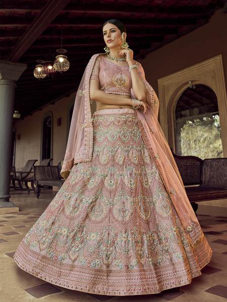 Myra Beautiful Peach Heavy Embroidered Georgette Bridal Lehenga | Grab2Buy