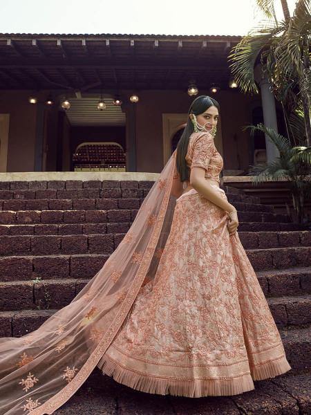 Myra Peach Heavy Embroidered Georgette Bridal Lehenga | Grab2Buy