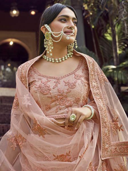 Myra Peach Heavy Embroidered Georgette Bridal Lehenga | Grab2Buy