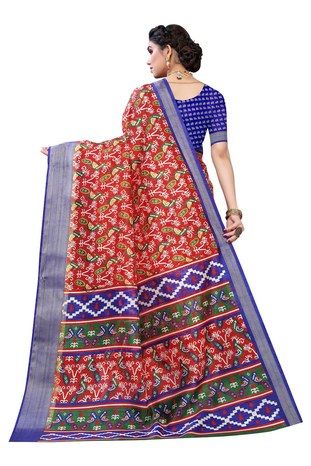 Vamika Red and Blue Linen Jari Border Saree Online At Low Price | Grab2Buy