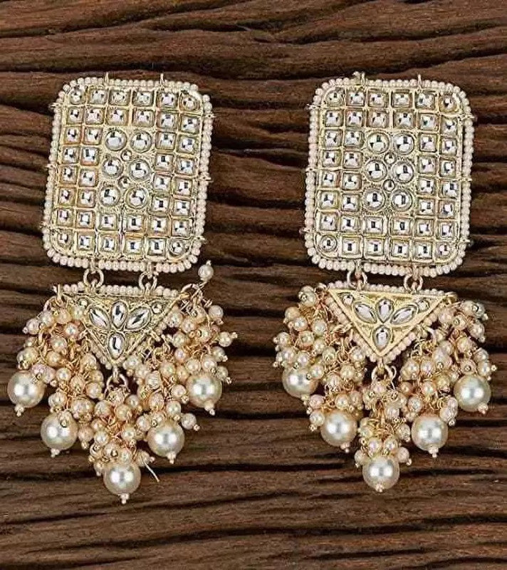 Tehzeeb Creations White Gold Trending Style Drop & Danglers Earring With Tikka For Girls & Women Diamond, Pearl Brass Drops | Grab2Buy