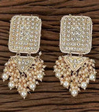 Tehzeeb Creations White Gold Trending Style Drop & Danglers Earring With Tikka For Girls & Women Diamond, Pearl Brass Drops | Grab2Buy