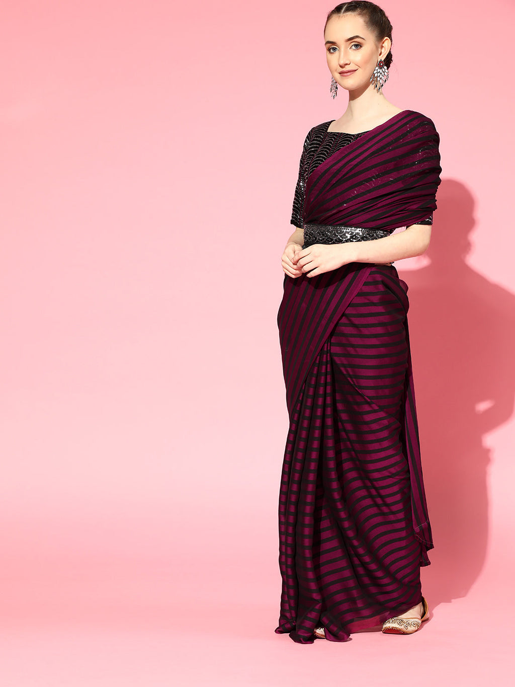 Saree Mall Burgundy Striped Poly Georgette Party Wear Saree with Matching Blouse | Grab2Buy