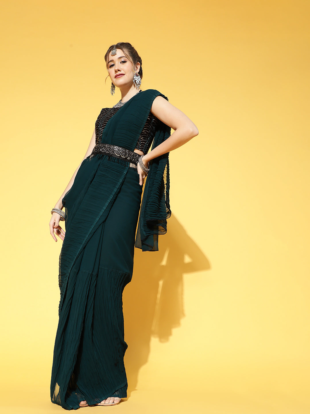 Saree Mall Teal Green & Black Solid Poly Georgette Party Saree with Matching Blouse | Grab2Buy