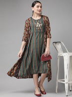 Yufta Teal Green & Coffee Brown Striped Yoke Embroidered Midi A-Line Dress & Ethnic Jacket | Grab2Buy