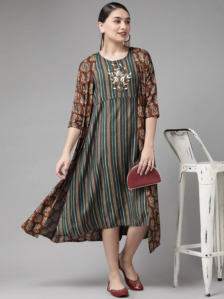 Yufta Teal Green & Coffee Brown Striped Yoke Embroidered Midi A-Line Dress & Ethnic Jacket | Grab2Buy