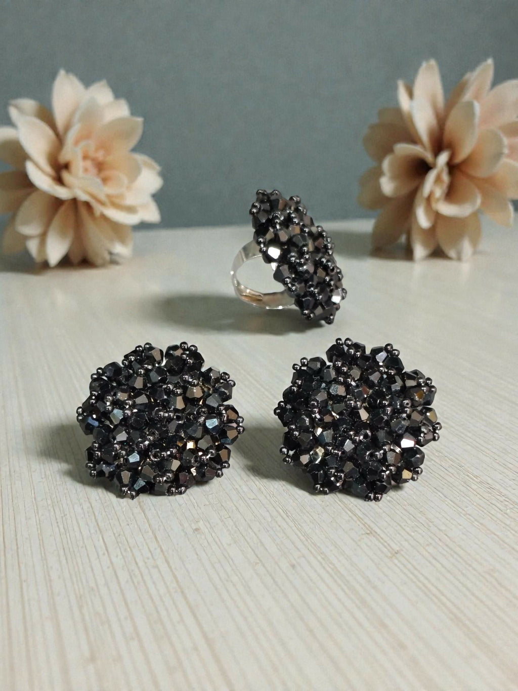 Inhanns Rangmani Crystal Duo – Adjustable Ring + Statement Earrings Set - Black | Grab2Buy