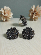 Inhanns Rangmani Crystal Duo – Adjustable Ring + Statement Earrings Set - Black | Grab2Buy