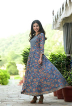 Yufta Women Blue Floral Yoke Design Regular Aari Work Pure Cotton Kurta with Trouser & With Dupatta | Grab2Buy