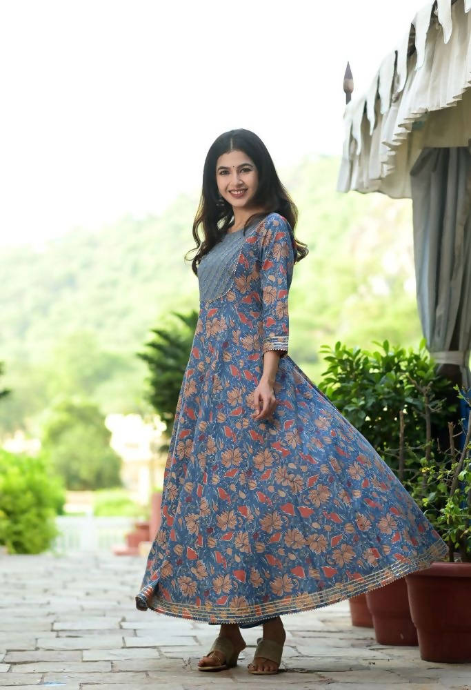 Yufta Women Blue Floral Yoke Design Regular Aari Work Pure Cotton Kurta with Trouser & With Dupatta | Grab2Buy