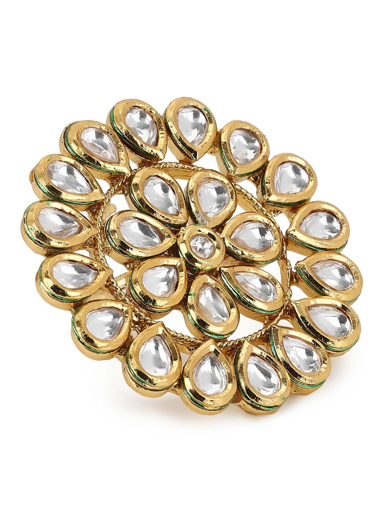 Gold-Polished White Kundan-Studded Adjustable Finger Ring - Ruby Raang | Grab2Buy