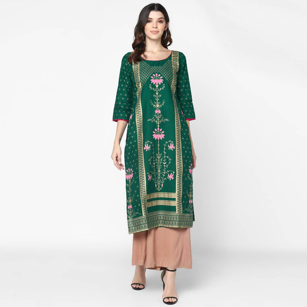 Cheera Hand Block Print Green Straight Kurta (MAAI-063K) | Grab2Buy