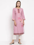 Myshka Women's Pink Cotton Printed Full Sleeve Round Neck Casual Kurta | Grab2Buy