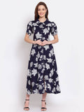 Myshka Women's Navy Blue Printed Cotton Short Sleeve Collar Neck Casual Dress | Grab2Buy