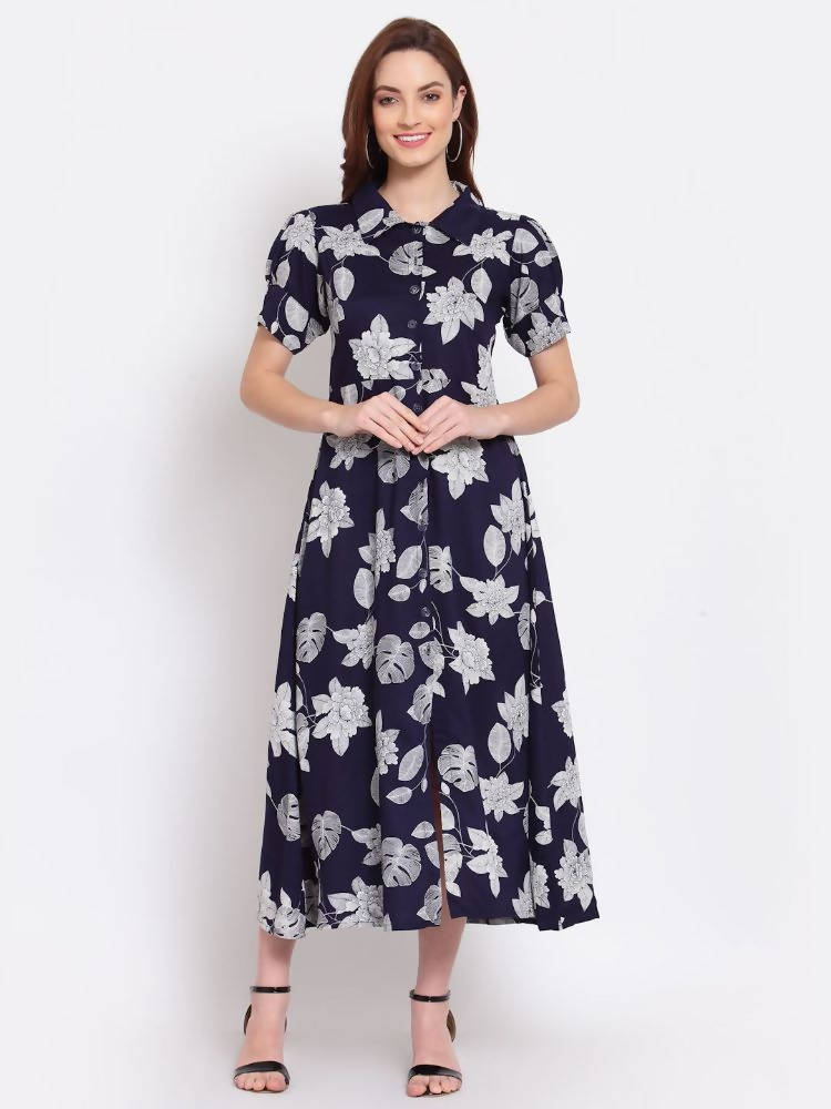 Myshka Women's Navy Blue Printed Cotton Short Sleeve Collar Neck Casual Dress | Grab2Buy