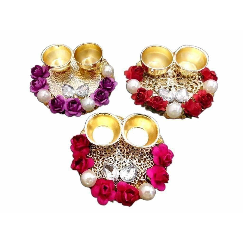 Fancy Haldi Kumkum Holders with Roses and Pearls - 1 Piece | Swadesiicart