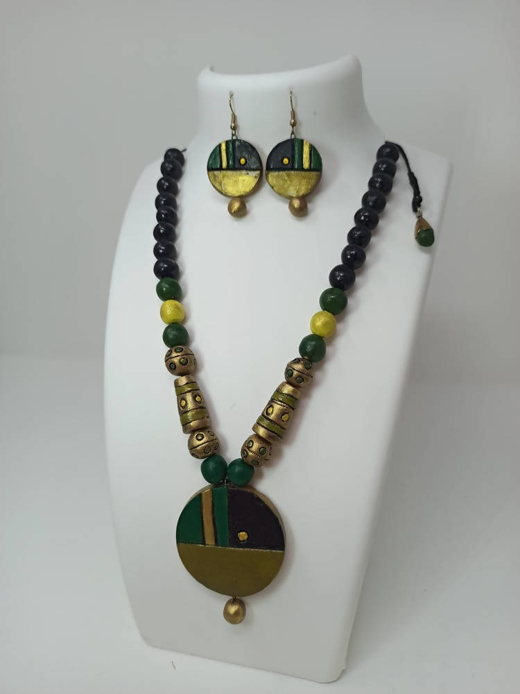 Terracotta Round Pendant Boho Style Medium Necklace Set With Hangings | Grab2Buy