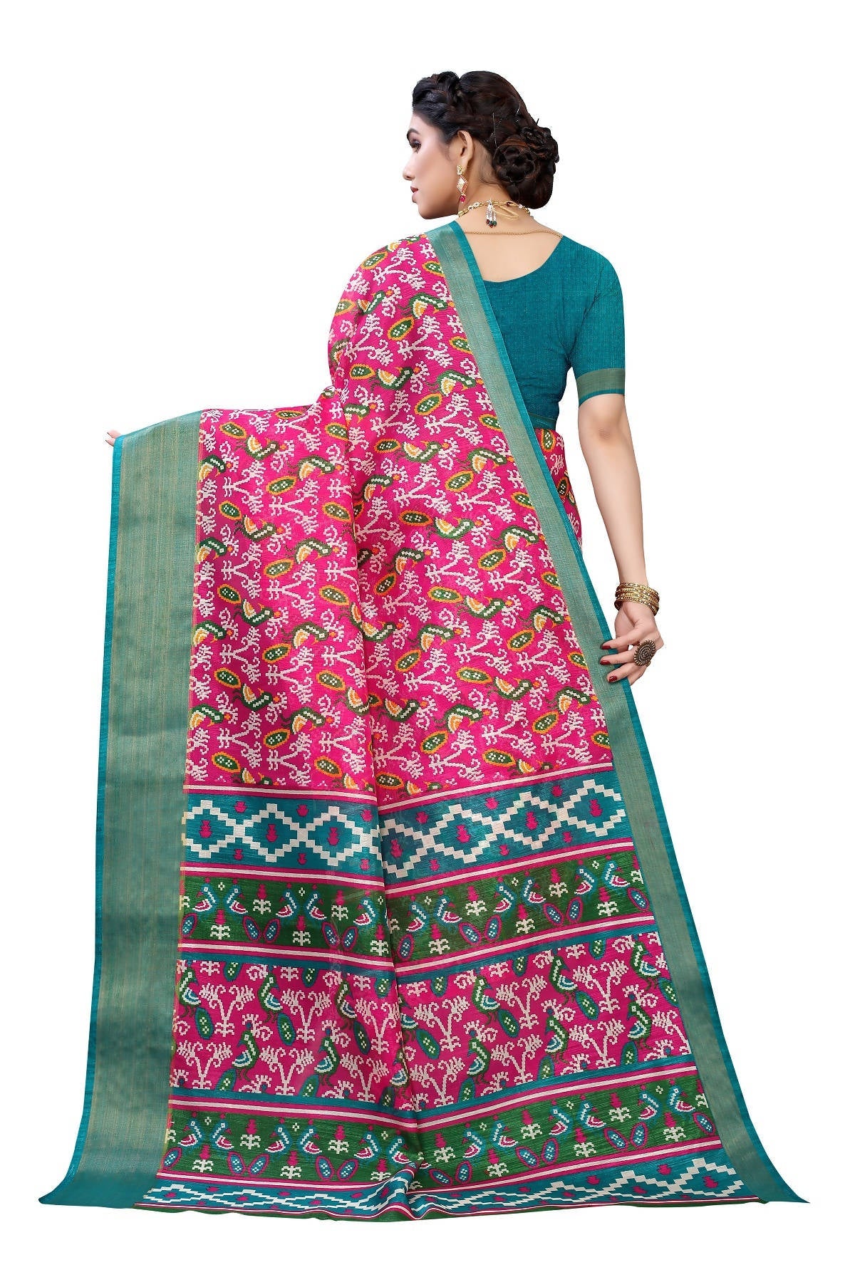 Vamika Pink & Green Linen Jari Border Saree (JANKI PINK) | Grab2Buy