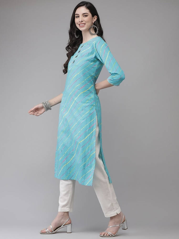 Yufta Women Turquoise Blue & Multicoloured Leheriya Printed Gotta Patti Kurta | Grab2Buy