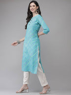Yufta Women Turquoise Blue & Multicoloured Leheriya Printed Gotta Patti Kurta | Grab2Buy