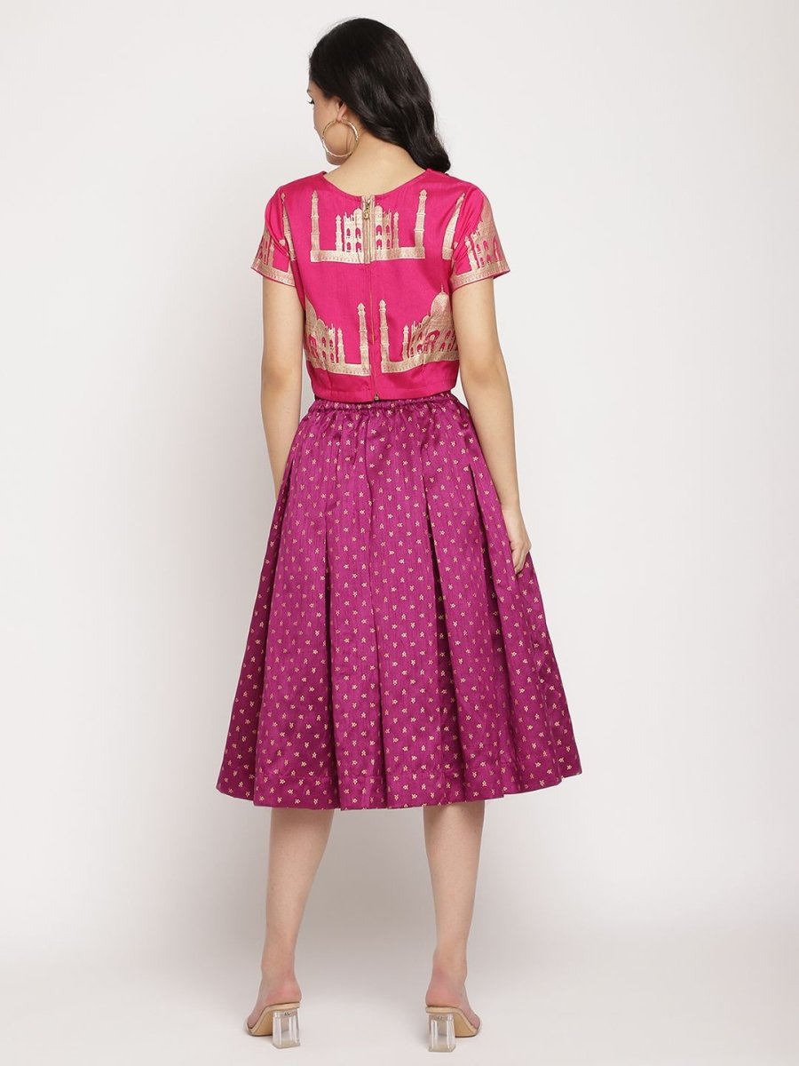 Ahalyaa Women's Pink Poly Silk Gold Foil Print Top With Skirt | Grab2Buy