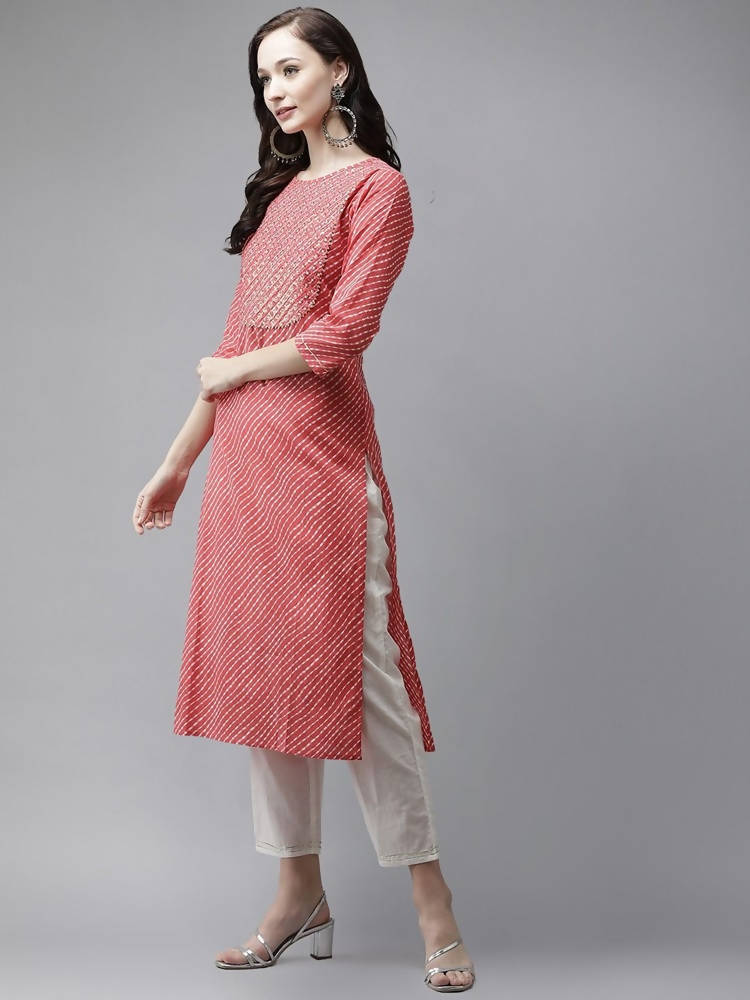 Yufta Red and White Bandhani print Kurta with Trouser Set | Grab2Buy