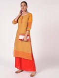 Cheera Hand Block Print Mustard With Red Color Combination Straight Kurta | Grab2Buy