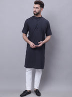 Even Apparels Black Pure Cotton Short Sleeves Kurta With Band Collar | Grab2Buy